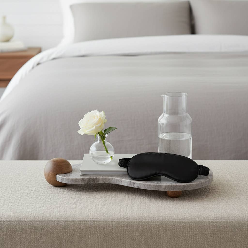 Decorative Tray - Beige Marble Curvy on Wood Ball Feet,17 in