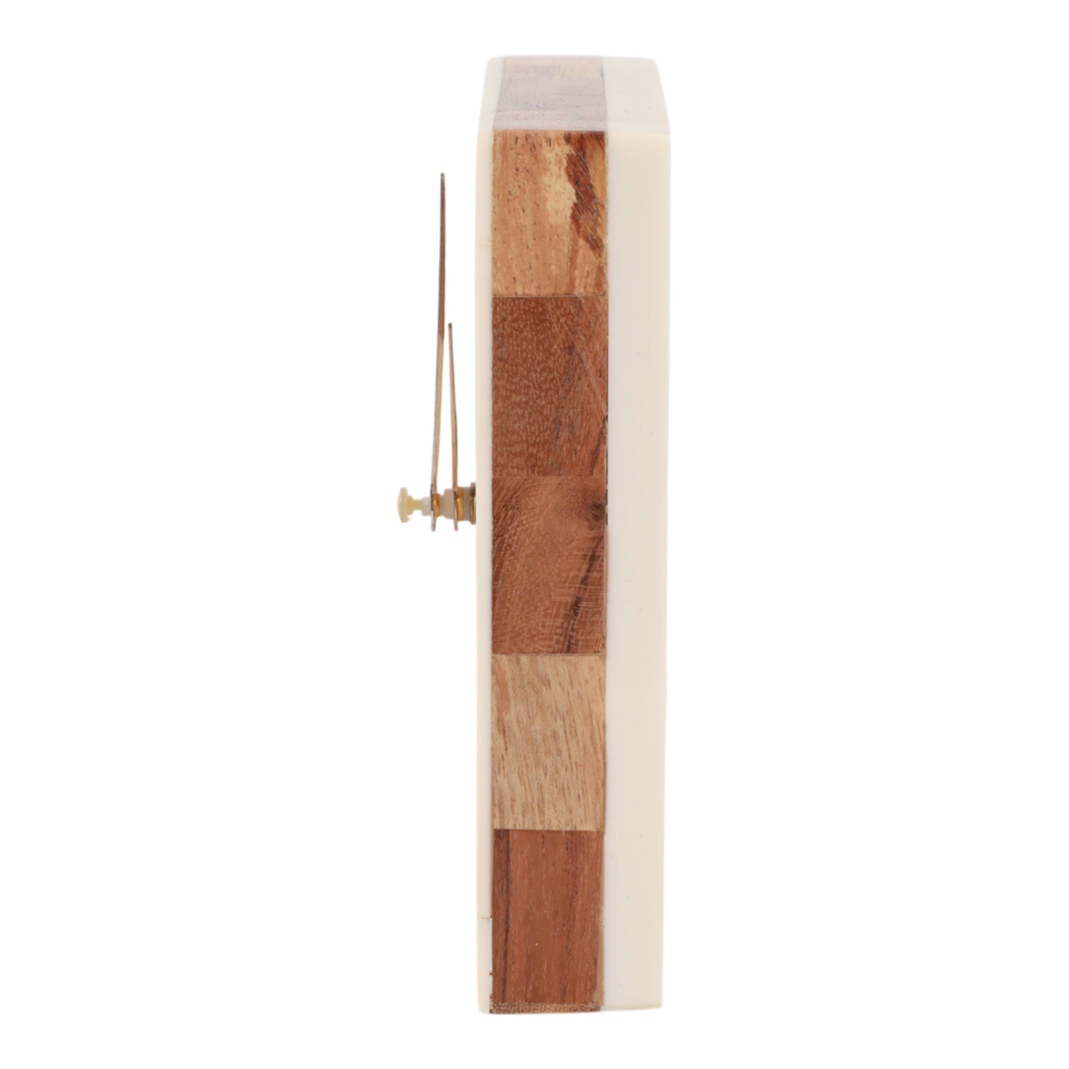 Table Clock - Ivory/Tan Resin Square with Wood Inlay, 5 in.