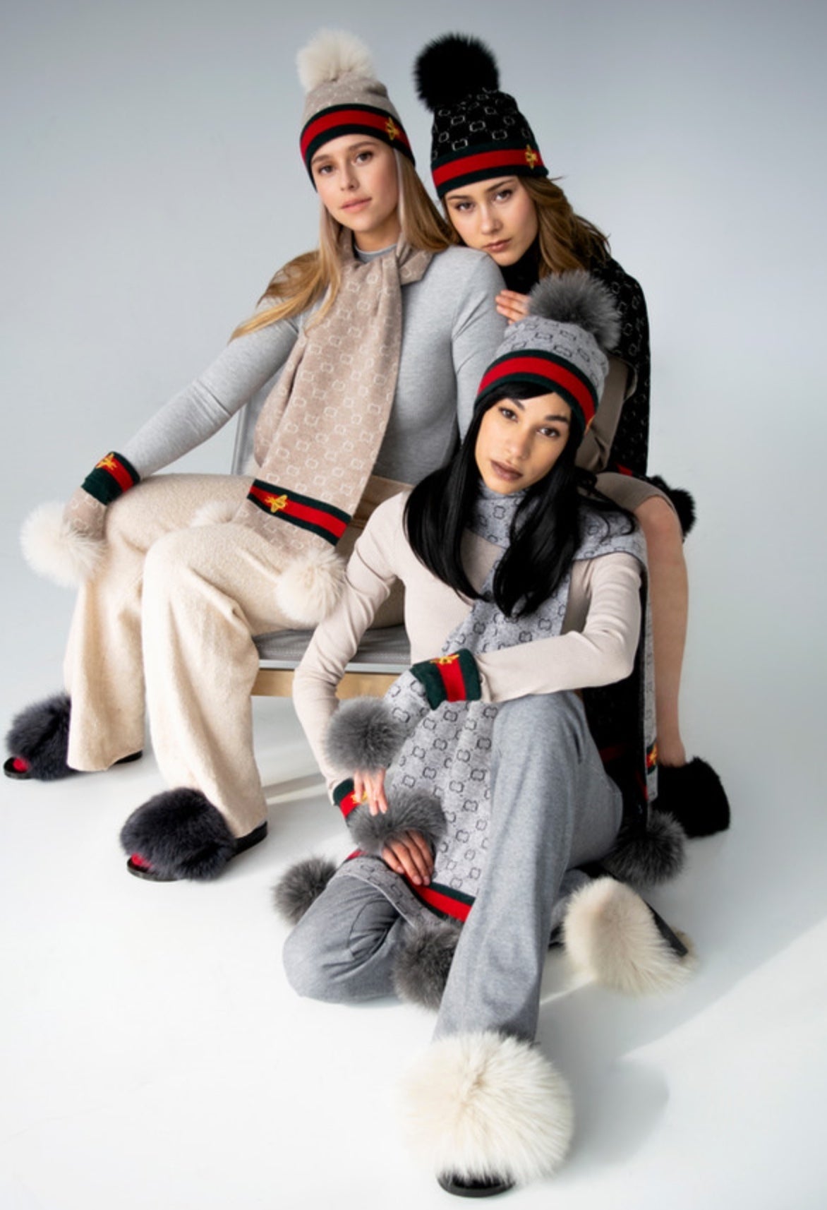 Fingerless Gloves with Embroidered Bee and Fox Pom