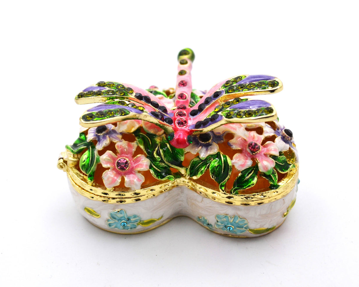 Jeweled Heart Shape Box with Dragonfly & Flowers.