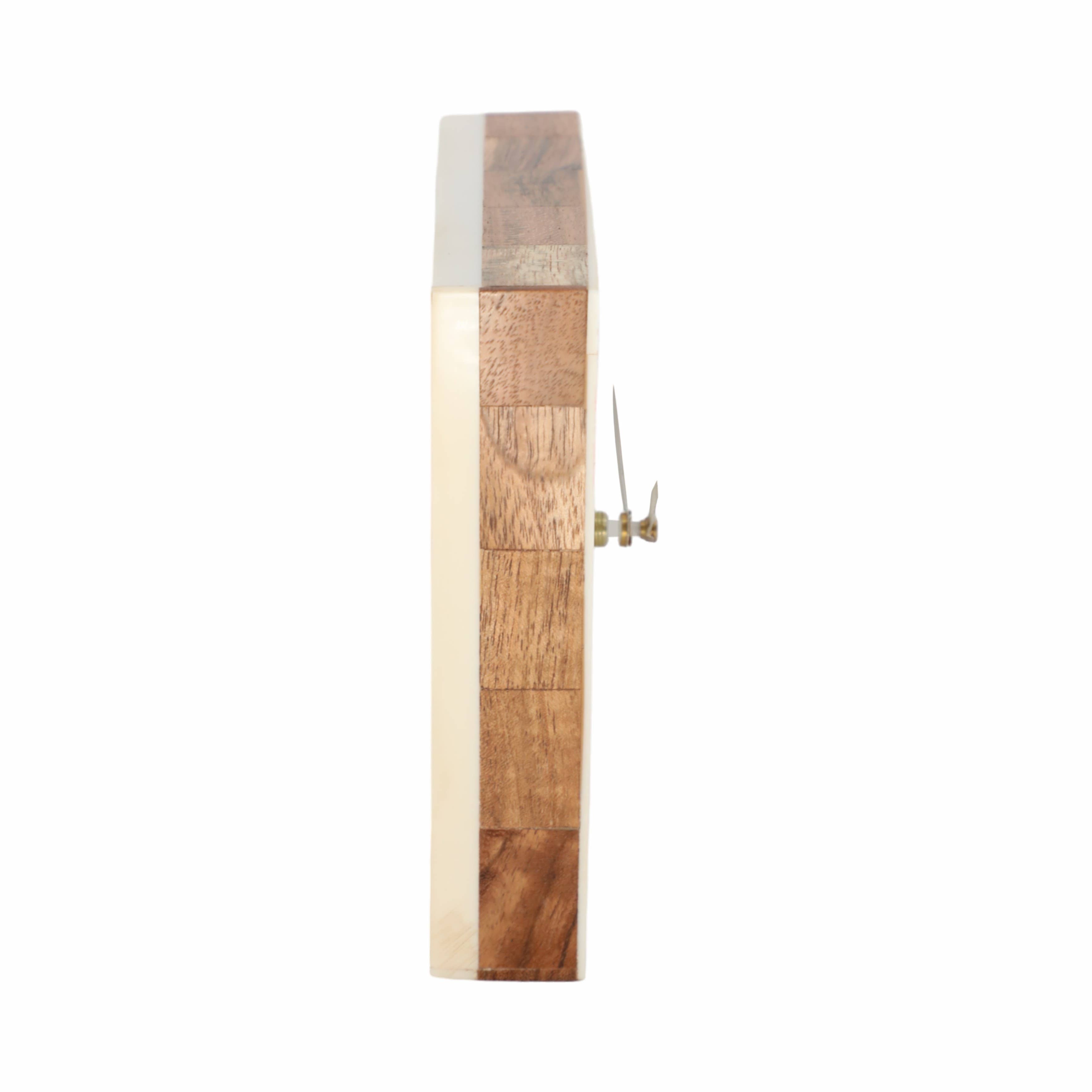Table Clock - Ivory/Tan Resin Square with Wood Inlay, 5 in.