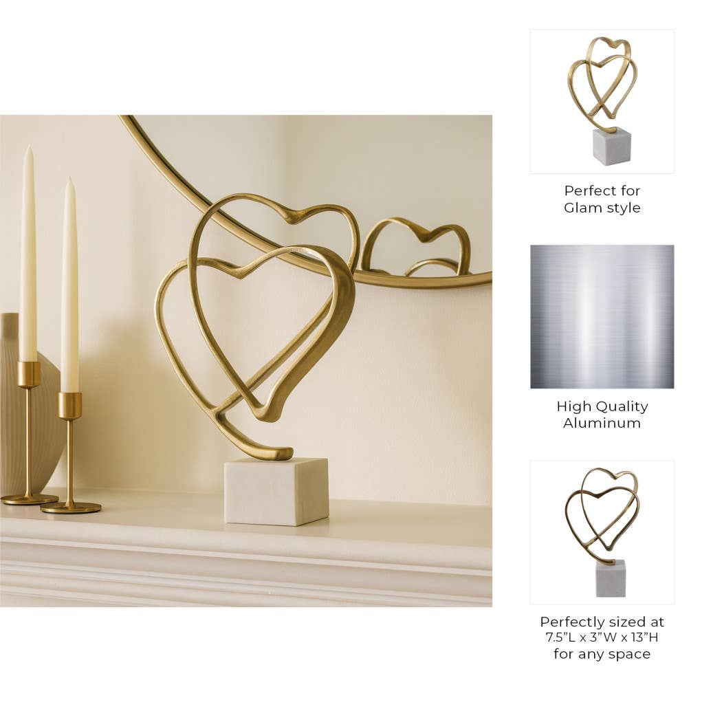 Gold Double Heart Sculpture on Marble Base
