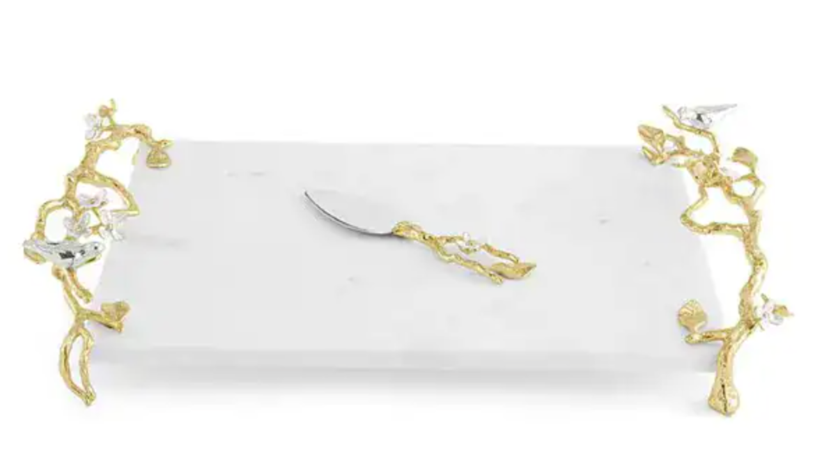 Lovebirds Silver & Gold Cheeseboard w Knife