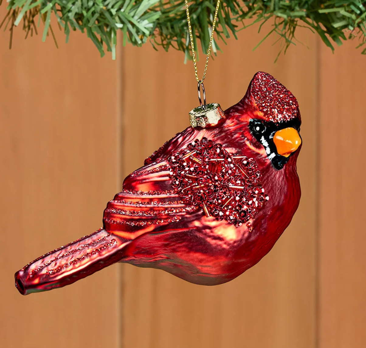 3in Red Glittered & Beaded Blown Glass Cardinal Ornament