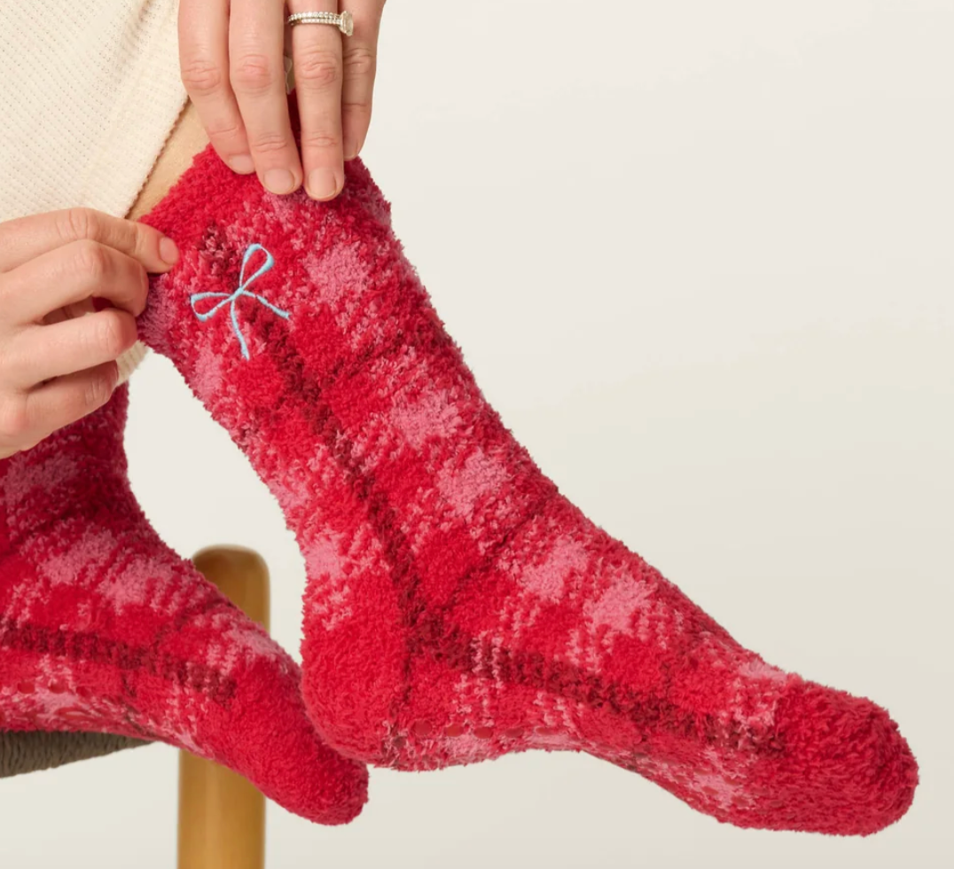 Cozy Crew Socks – Mad for Plaid Bow (Lipstick Red)