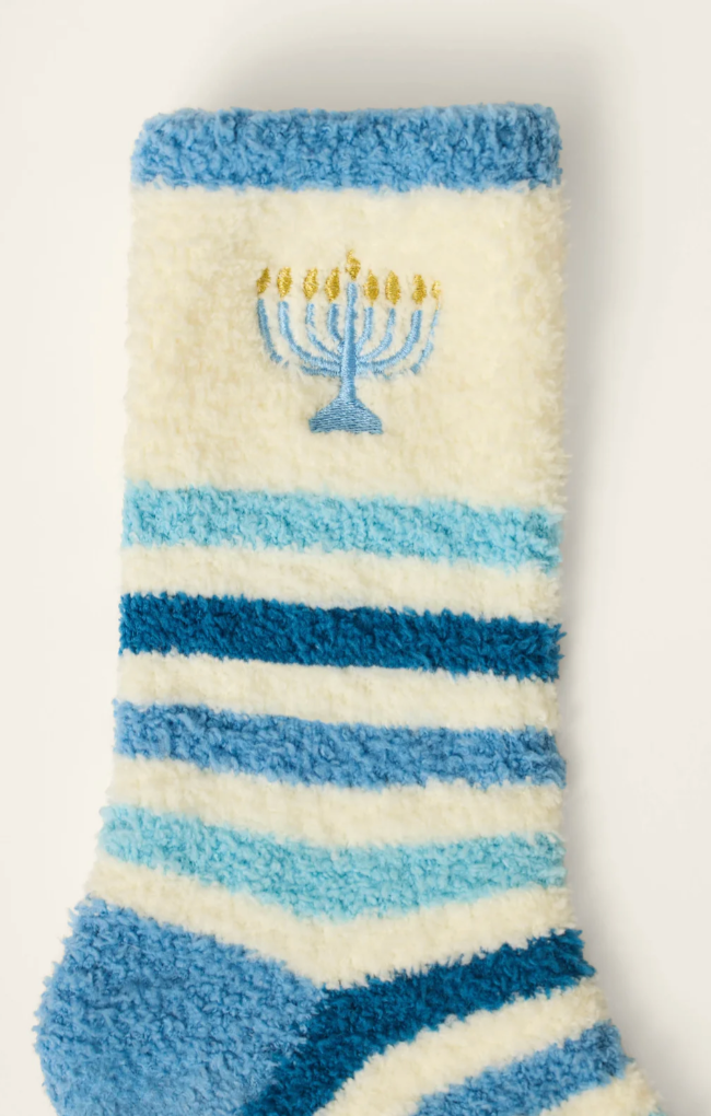 Cozy Crew Socks – Hanukkah Joy Menorah Stripes (Ivory)