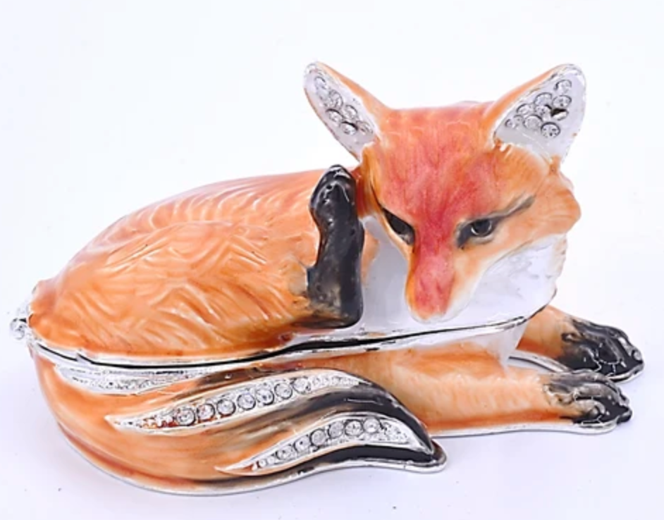 Lg Sitting Fox Jeweled Trinket Box