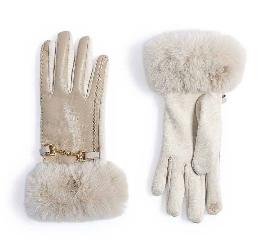 Vegan Leather Fur Cuff Gloves w Gold Bit