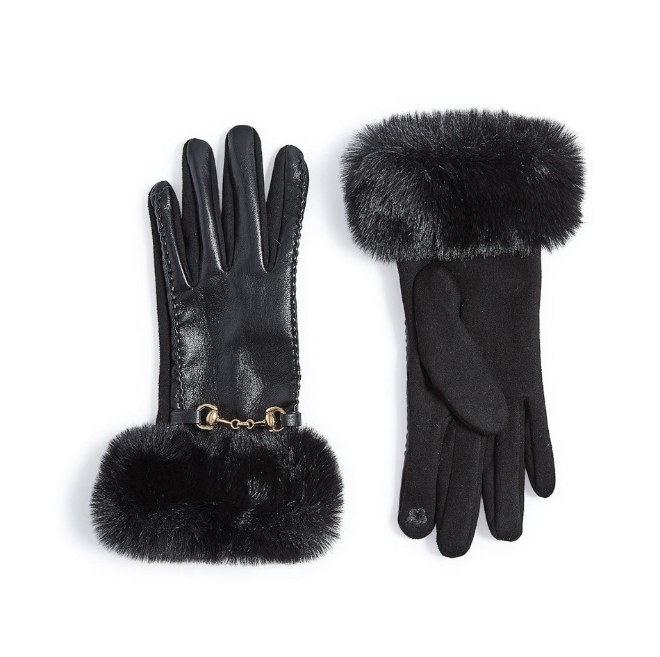 Vegan Leather Fur Cuff Gloves w Gold Bit