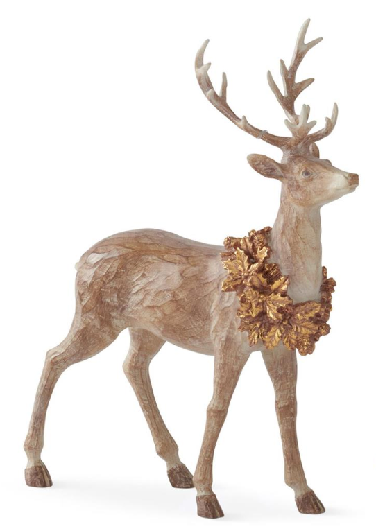 Resin Faux Woodgrain Deer w/Gold Wreath