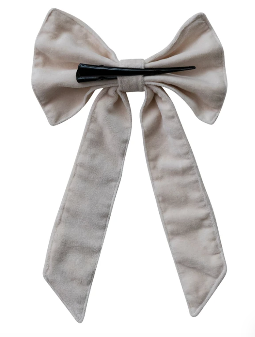 Cream Cotton Velvet Clip-on Bow