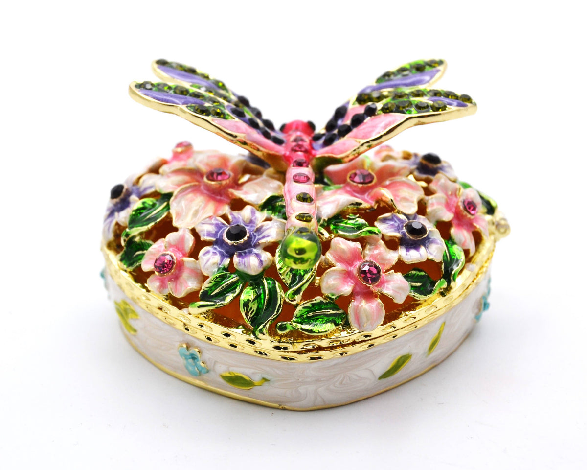 Jeweled Heart Shape Box with Dragonfly & Flowers.