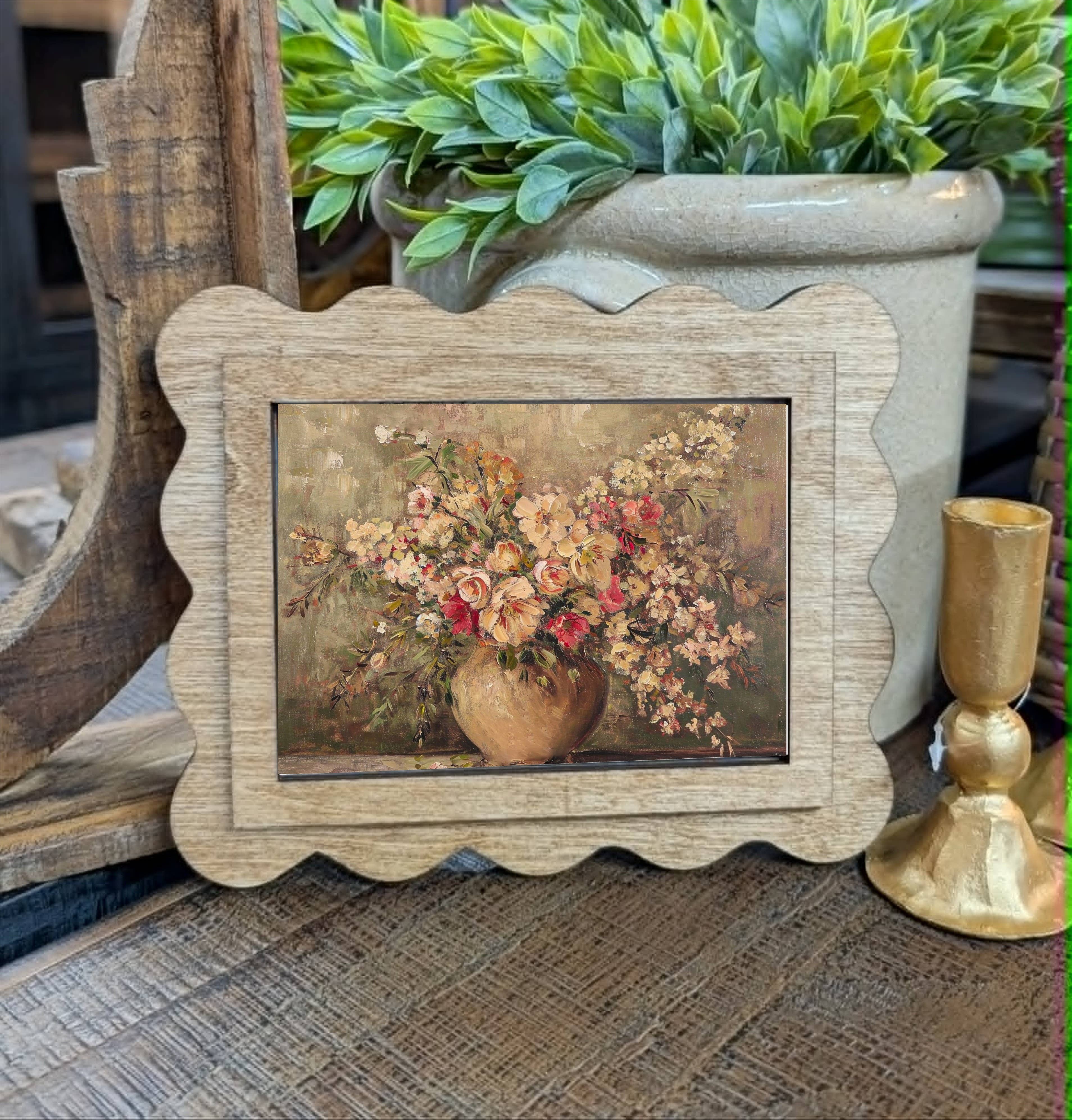 Scallop Rustic Floral Vase Framed Canvas Art