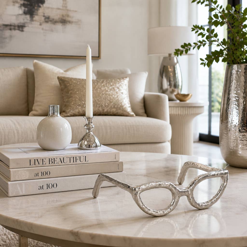 Silver Metal Cat Eyeglasses Sculpture
