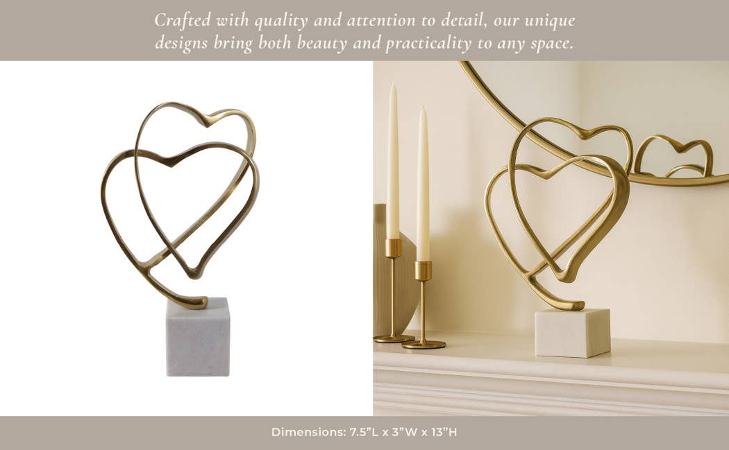 Gold Double Heart Sculpture on Marble Base