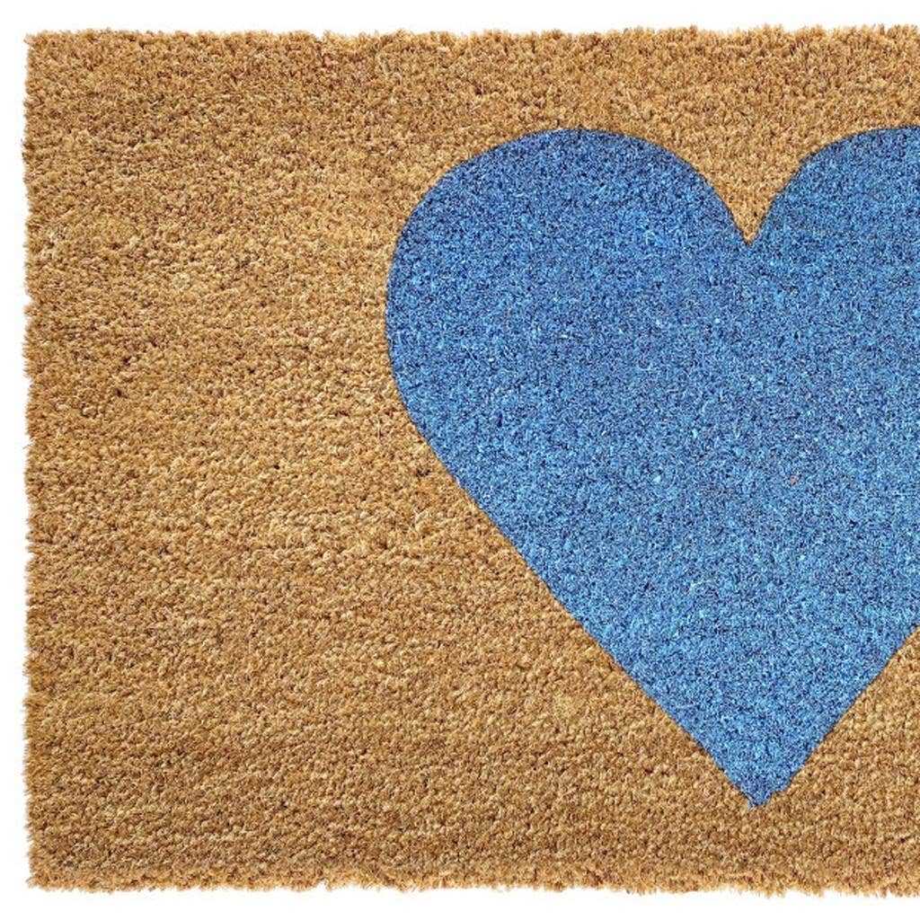 Brown And Blue Heart Outdoor Coir Door Mat