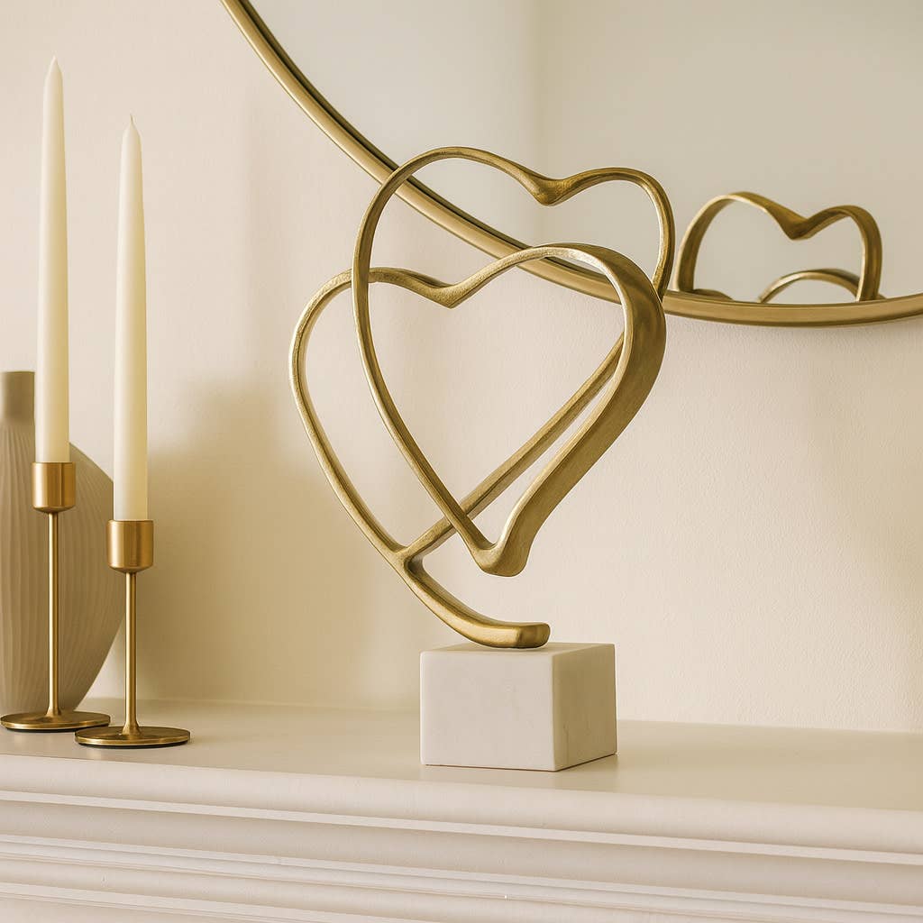 Gold Double Heart Sculpture on Marble Base