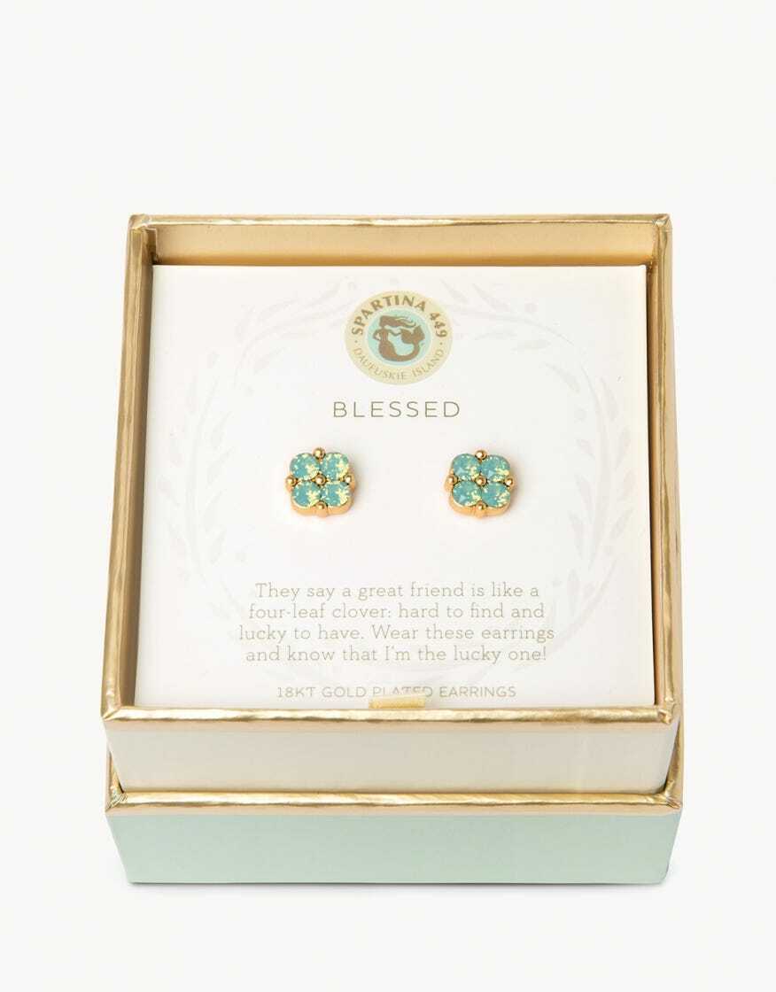 Blessed Sea Foam Clover Studs in Gold