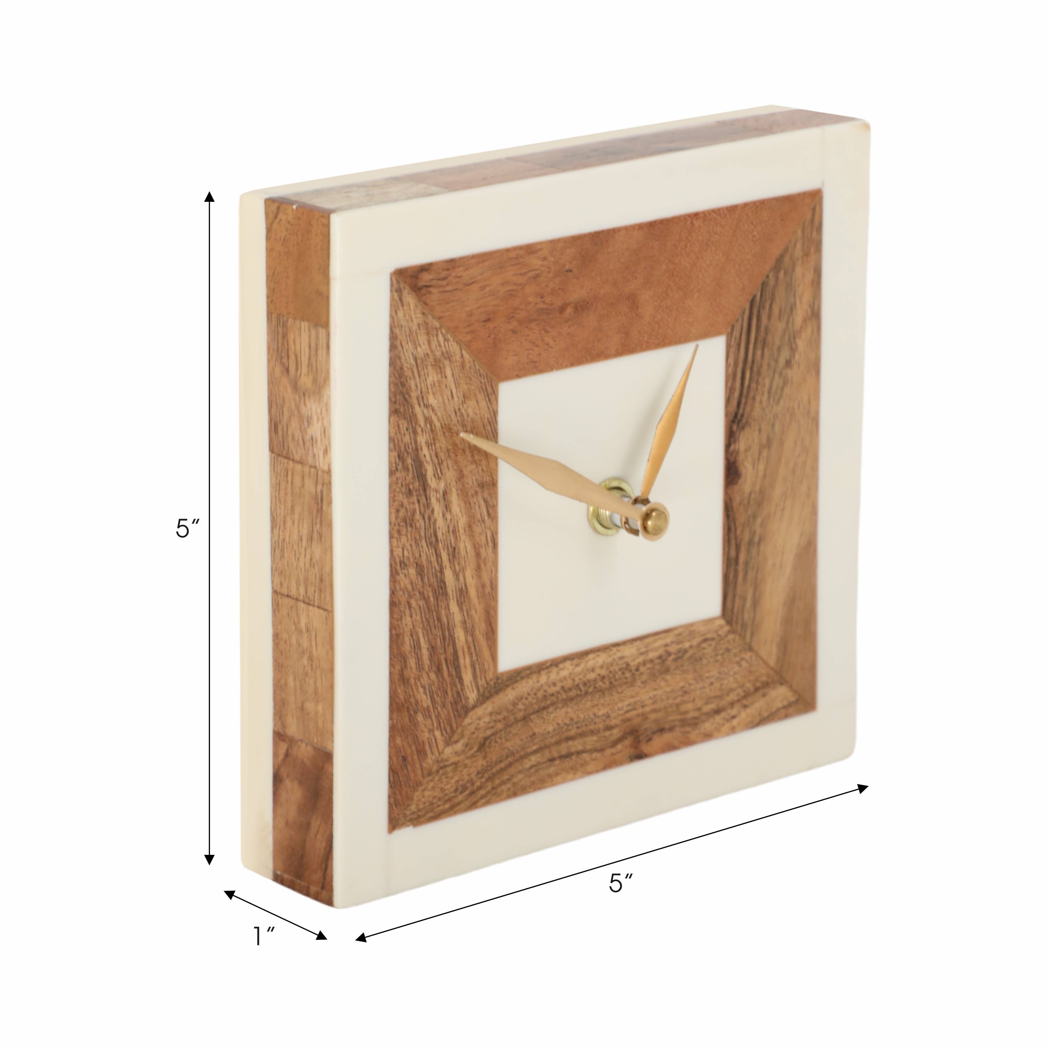Table Clock - Ivory/Tan Resin Square with Wood Inlay,  5 in.
