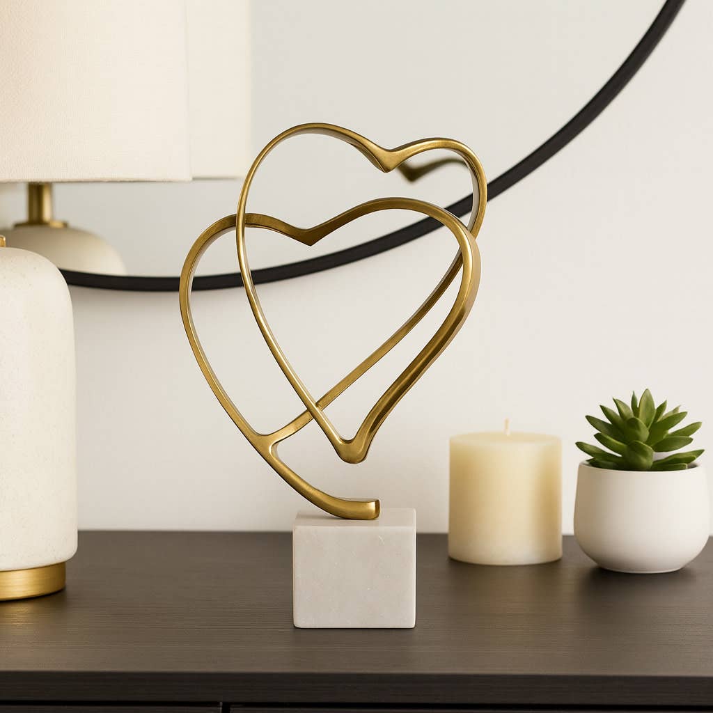 Gold Double Heart Sculpture on Marble Base