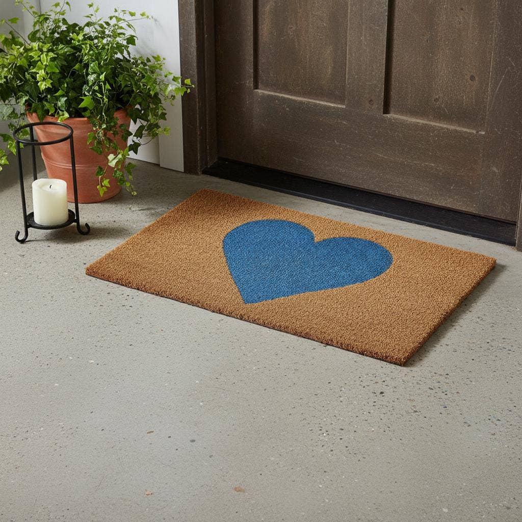 Brown And Blue Heart Outdoor Coir Door Mat