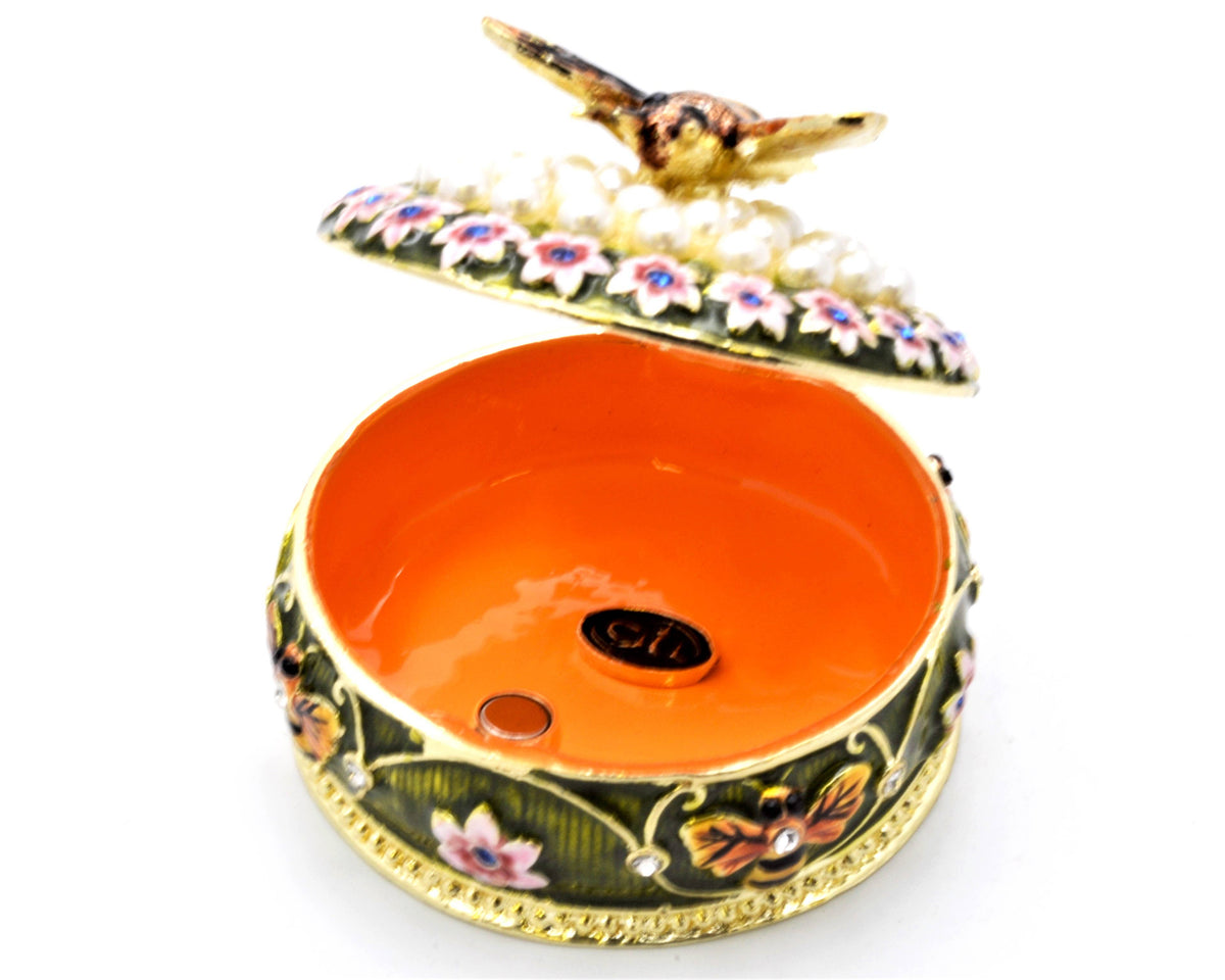 Bumble Bee on Floral Trinket Box with Faux Pearls
