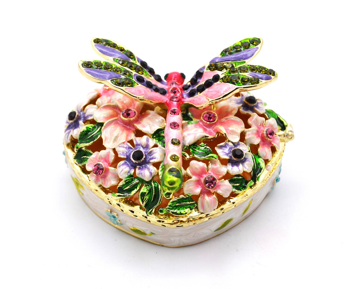 Jeweled Heart Shape Box with Dragonfly & Flowers.