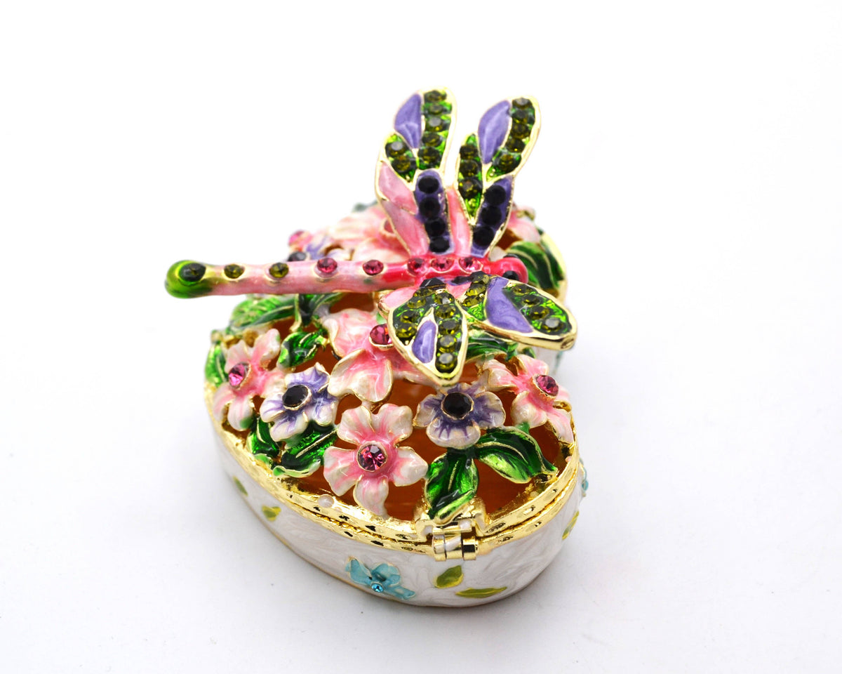 Jeweled Heart Shape Box with Dragonfly & Flowers.