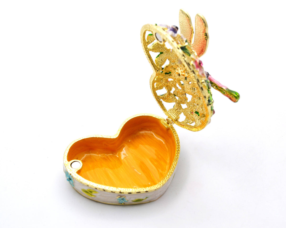 Jeweled Heart Shape Box with Dragonfly & Flowers.