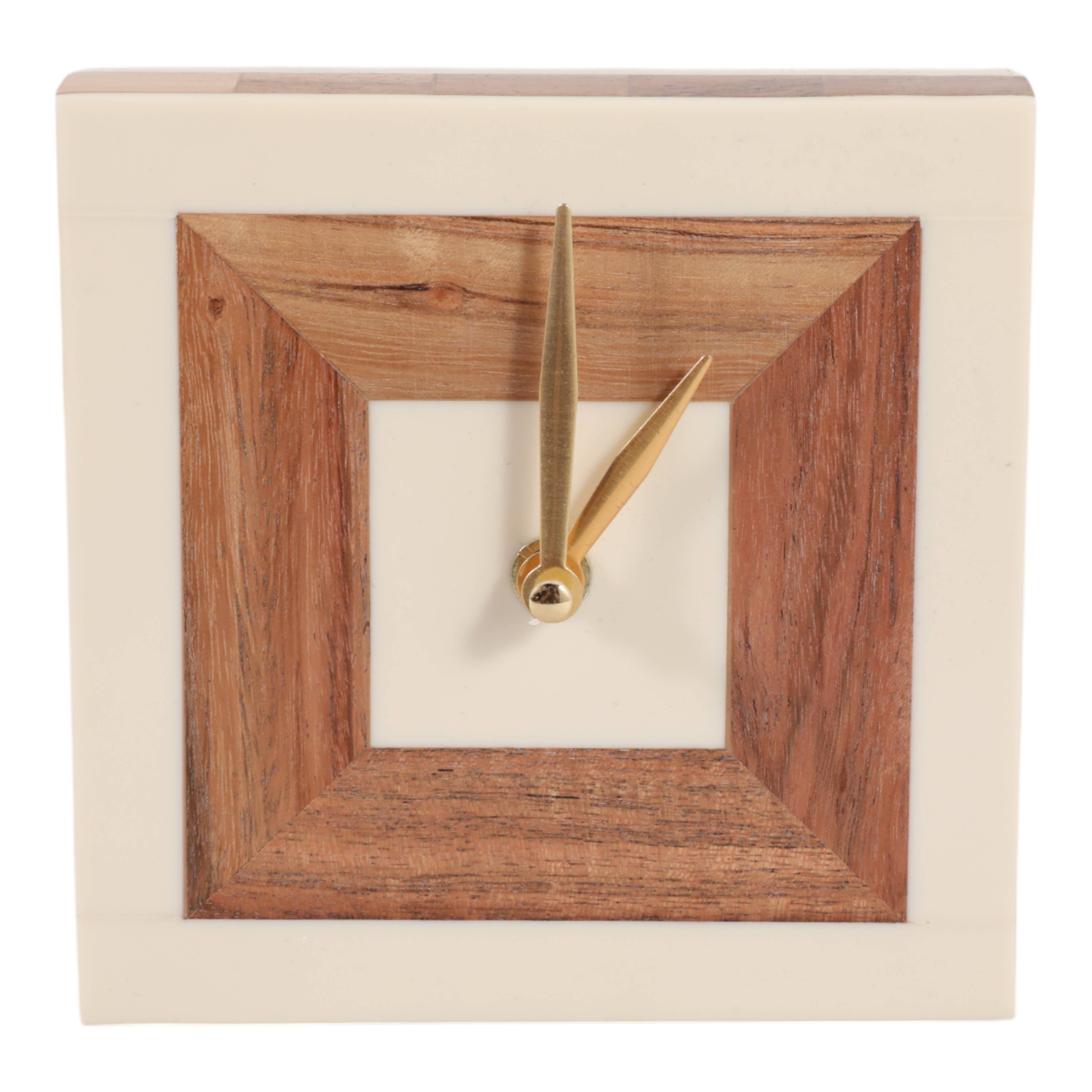 Table Clock - Ivory/Tan Resin Square with Wood Inlay,  5 in.