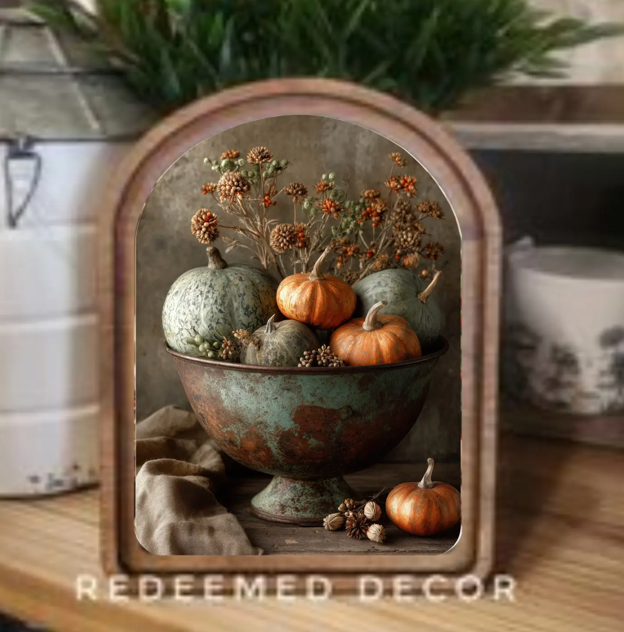 Arch Top Pumpkins In Bowl Framed Art