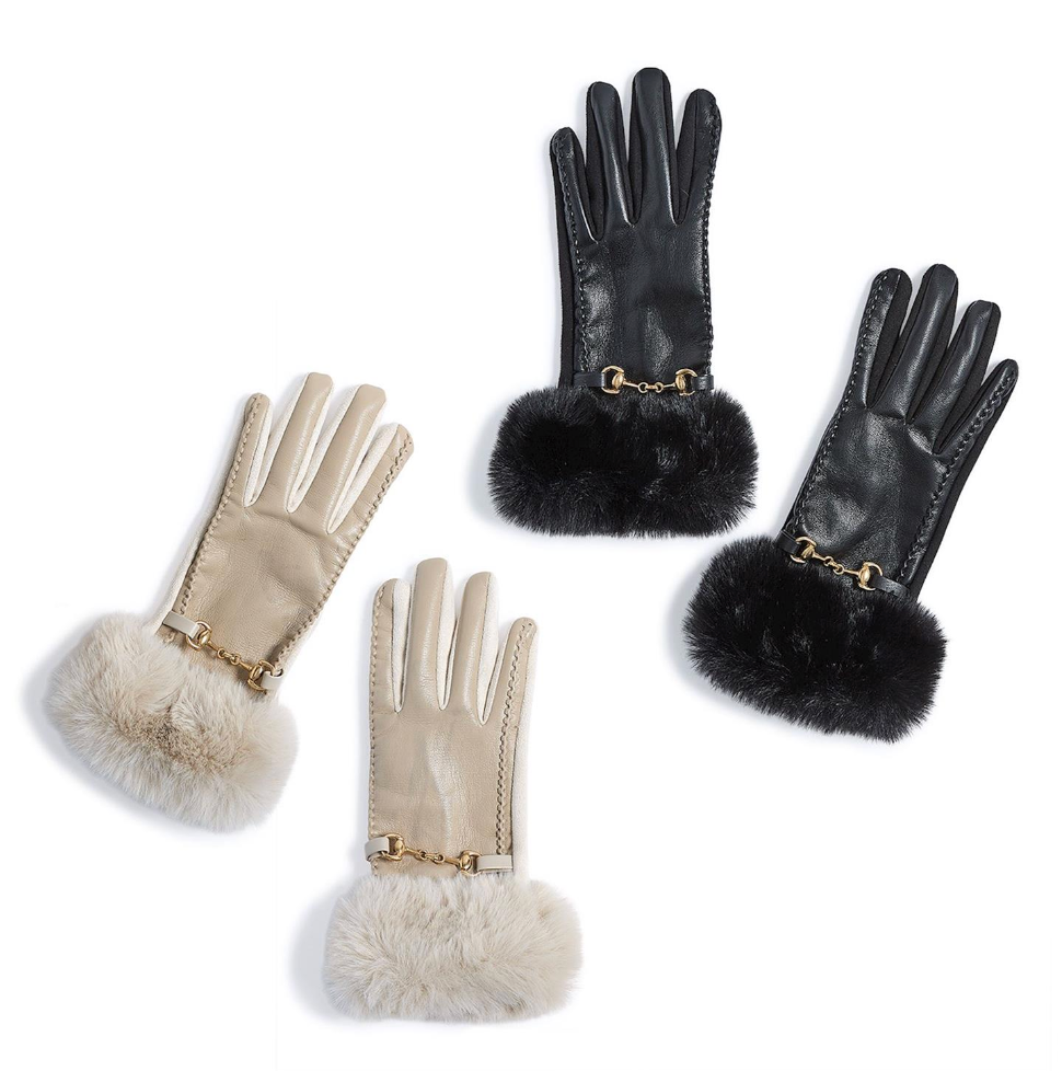 Vegan Leather Fur Cuff Gloves w Gold Bit