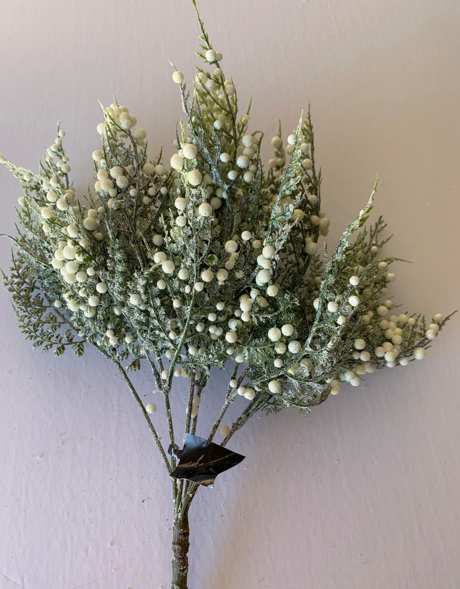 13in Glittered Snowy Fern Bush w/Mini White berries