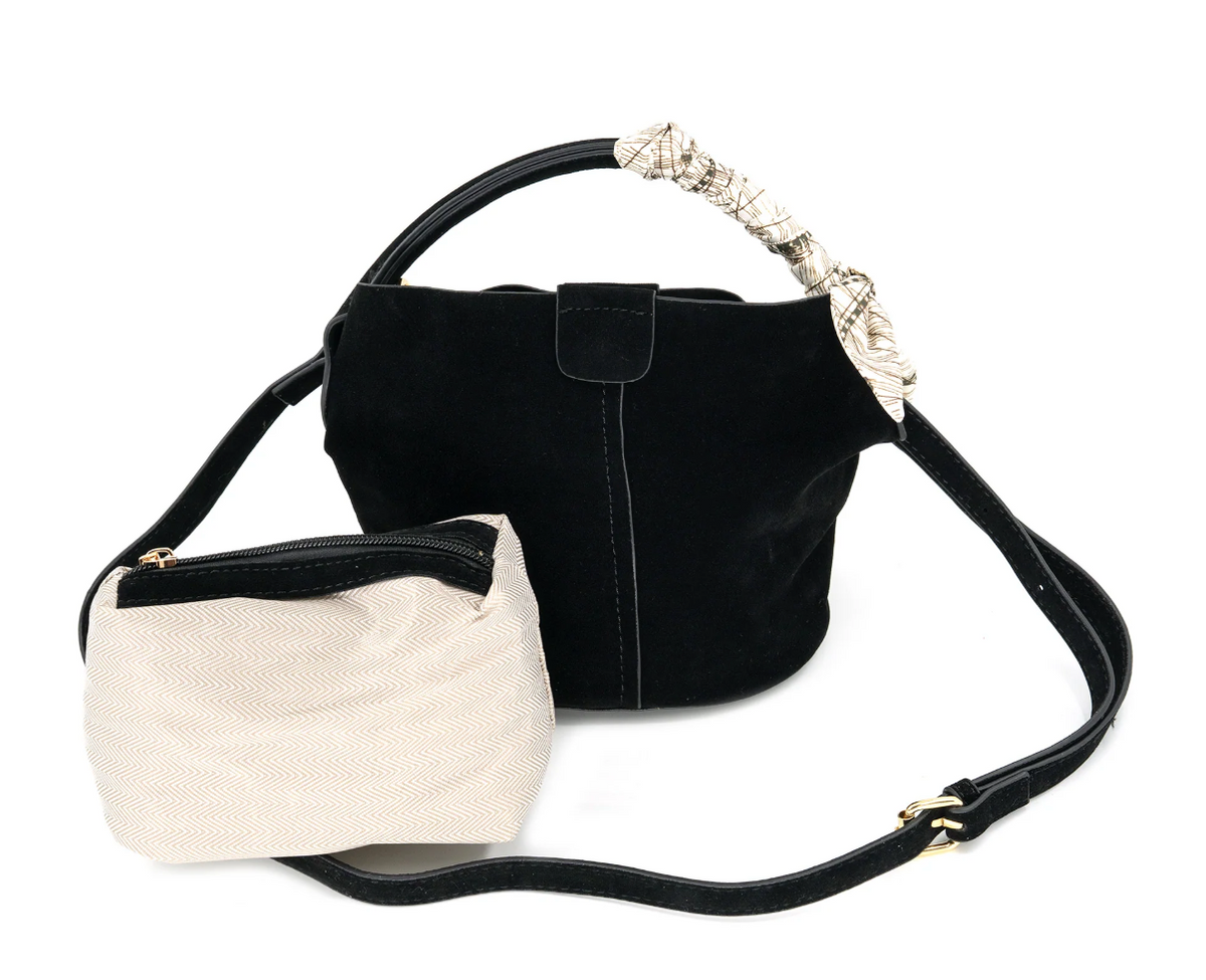 Sm Faux Suede Bucket Bag w Scarf