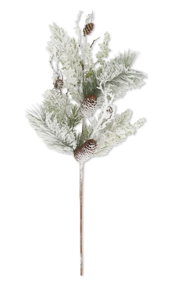 Glittered Snowy Flocked Pine Stem w Pinecones
