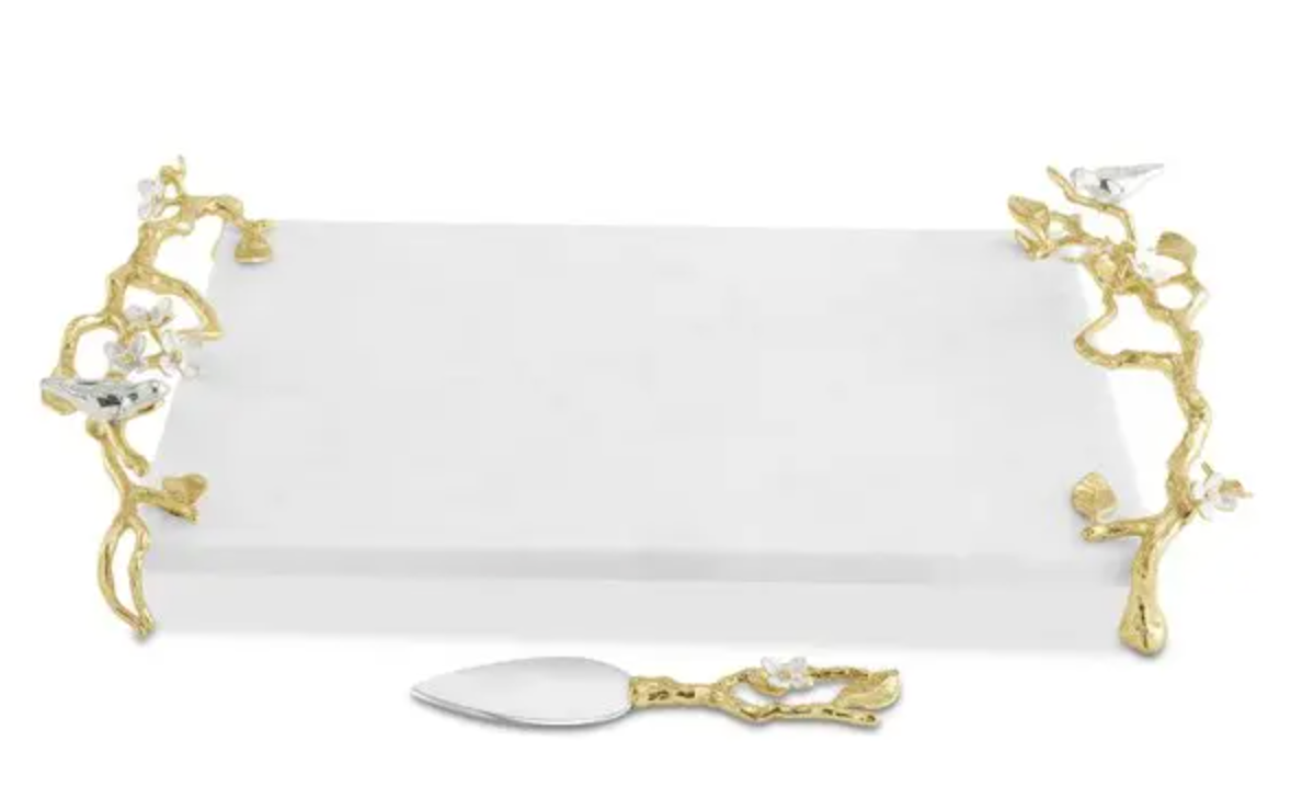 Lovebirds Silver & Gold Cheeseboard w Knife