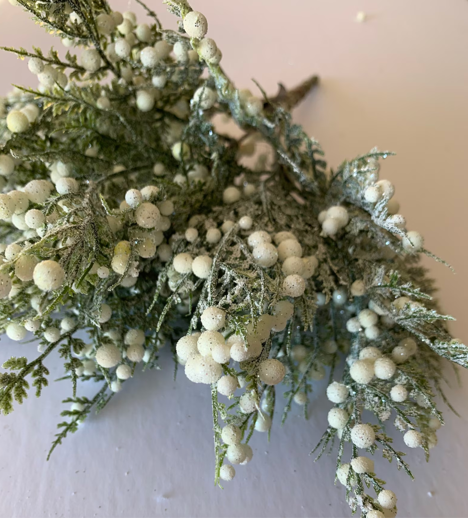 13in Glittered Snowy Fern Bush w/Mini White berries