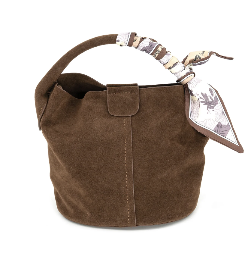 Sm Faux Suede Bucket Bag w Scarf