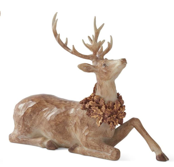 Resin Faux Woodgrain Deer w/Gold Wreath