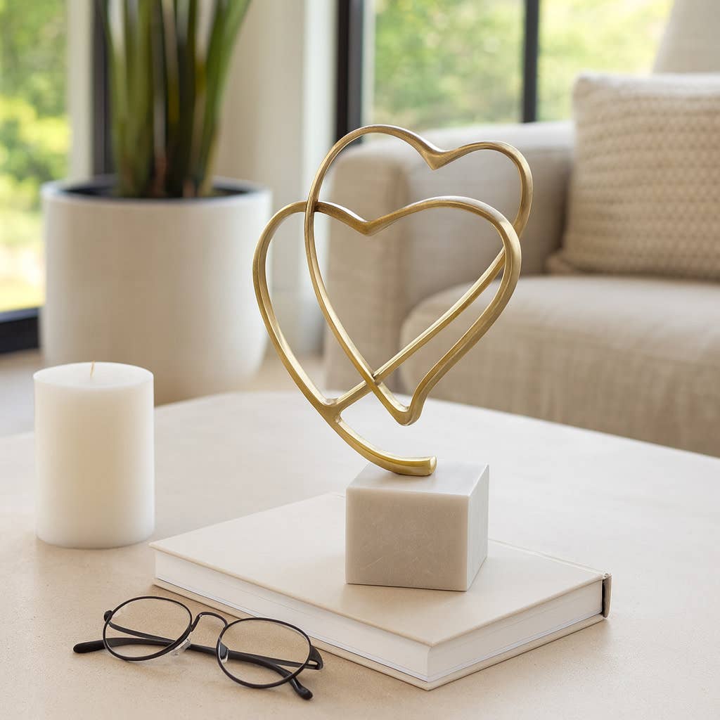 Gold Double Heart Sculpture on Marble Base