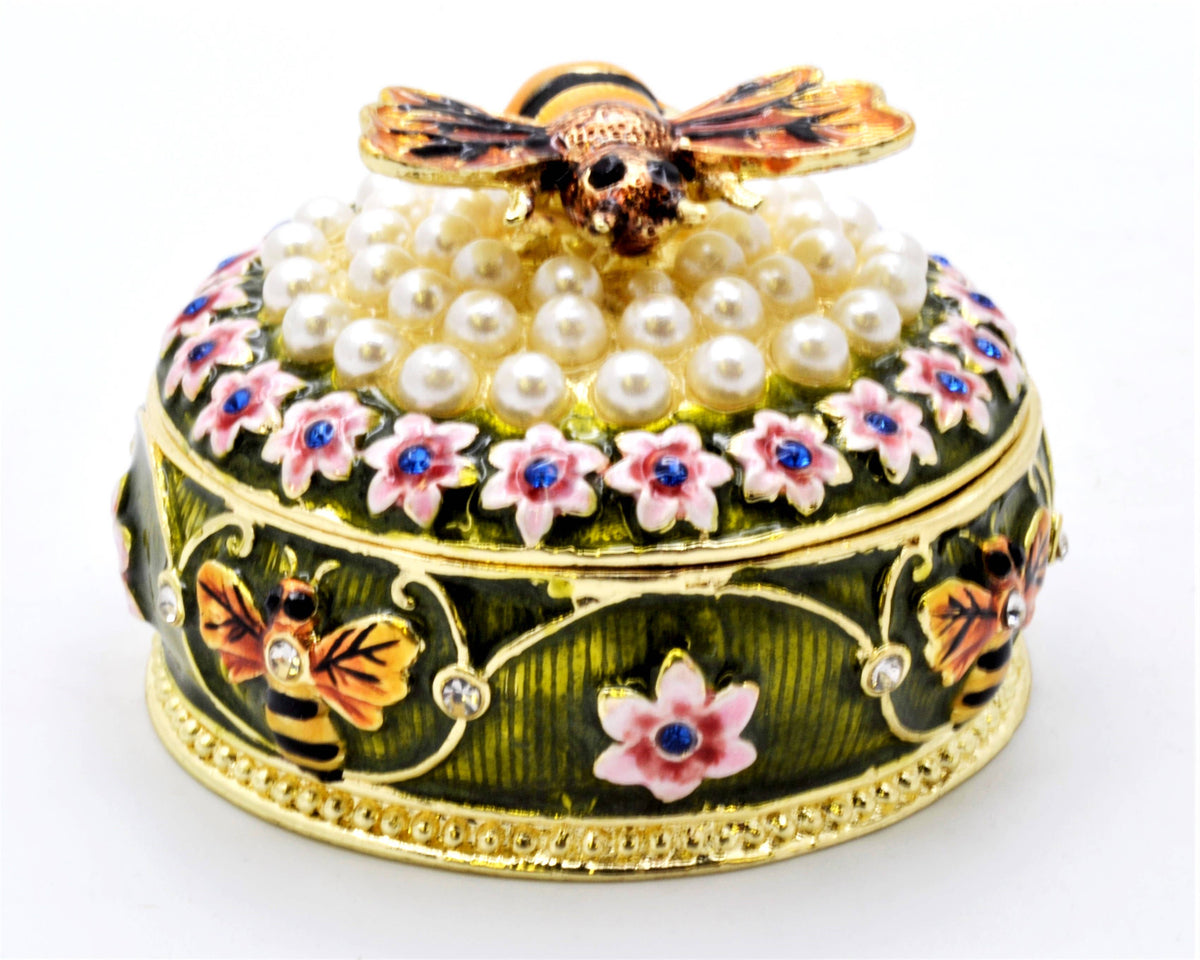 Bumble Bee on Floral Trinket Box with Faux Pearls