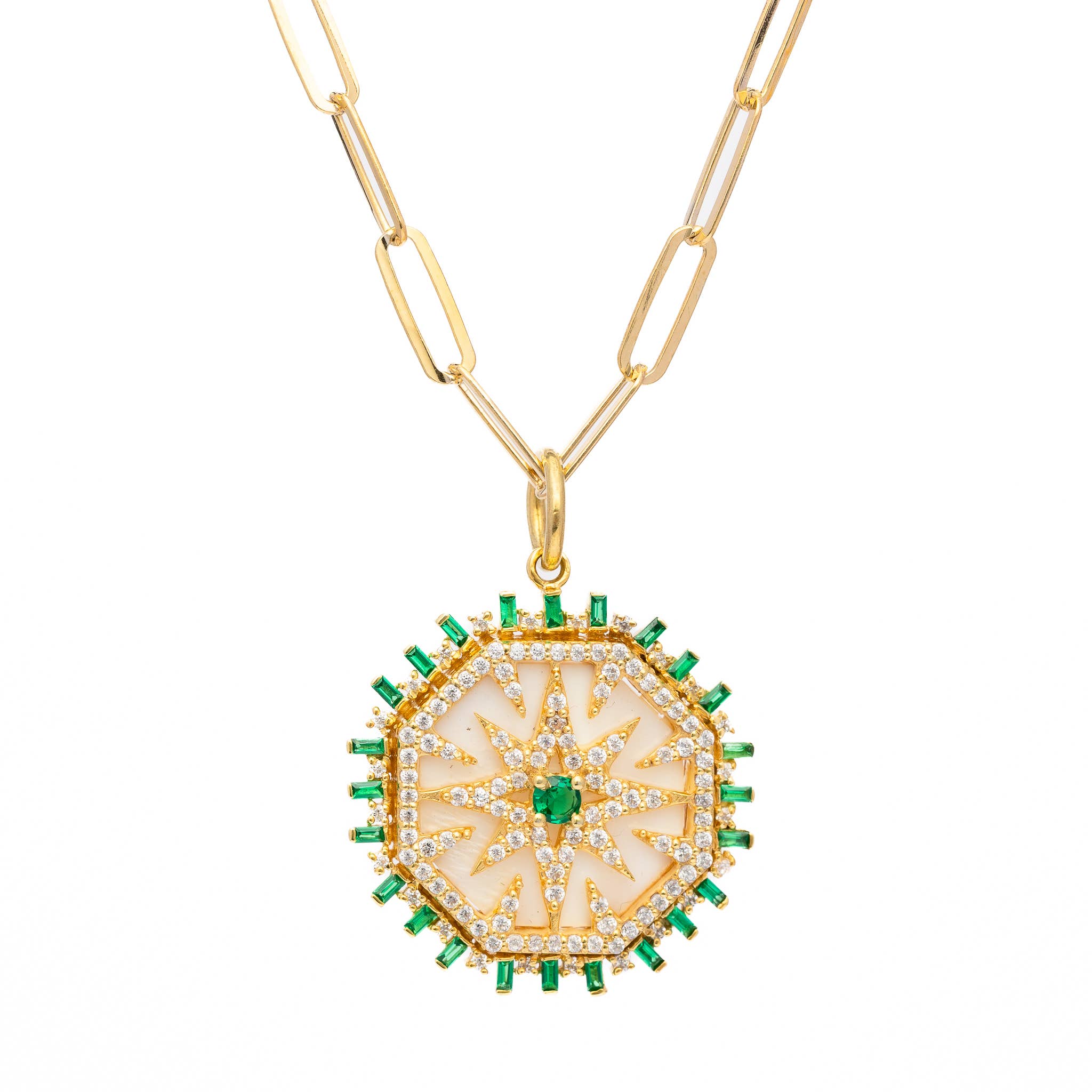 Starburst Necklace with Mother of Pearl, Emerald CZ