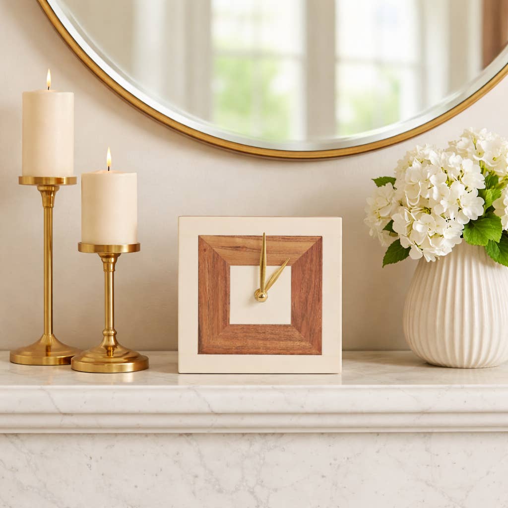 Table Clock - Ivory/Tan Resin Square with Wood Inlay,  5 in.