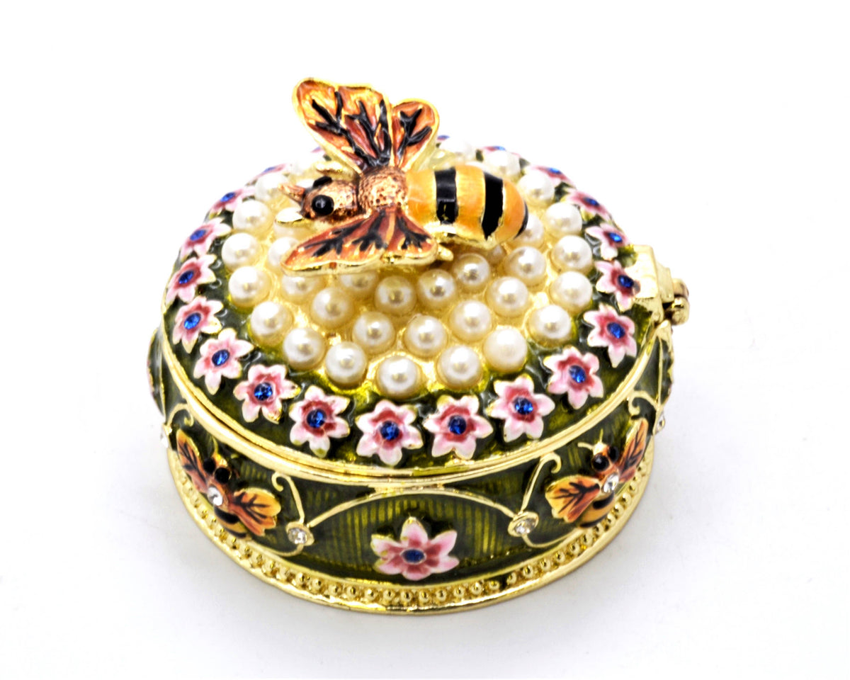 Bumble Bee on Floral Trinket Box with Faux Pearls