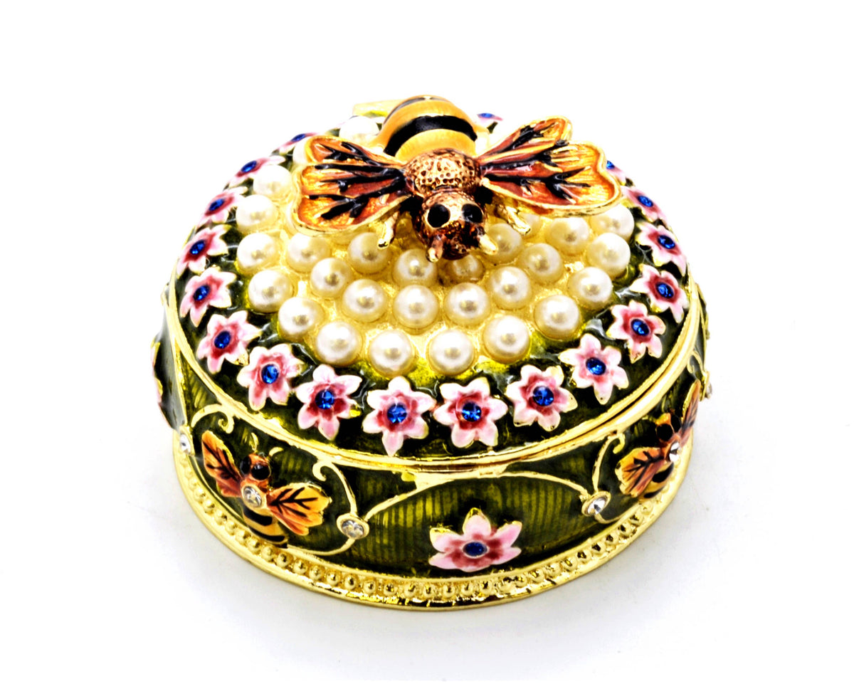 Bumble Bee on Floral Trinket Box with Faux Pearls