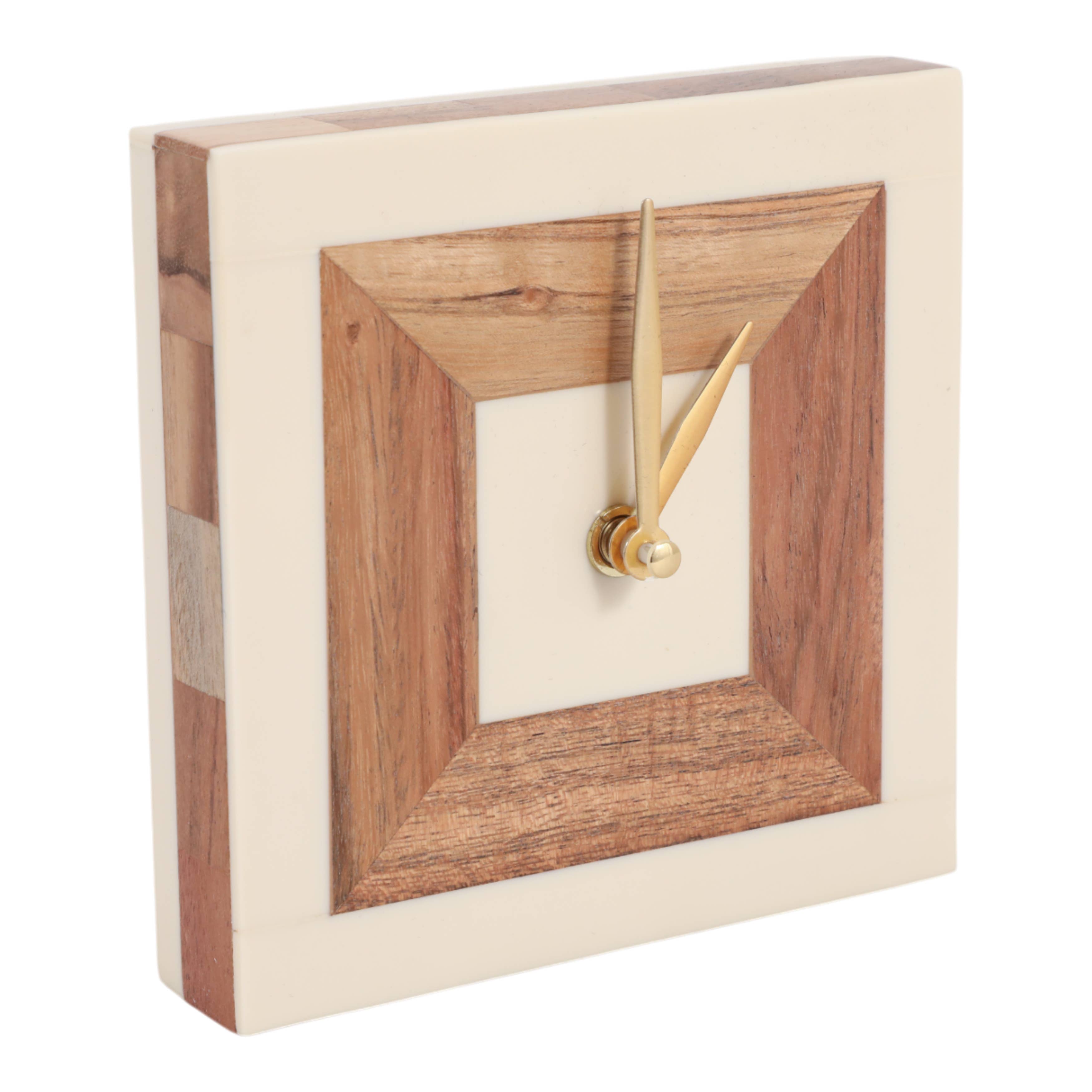 Table Clock - Ivory/Tan Resin Square with Wood Inlay,  5 in.